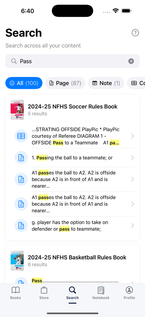 NFHS Digital - Search interface of the NFHS Digital app displaying results for rules related to soccer and basketball.