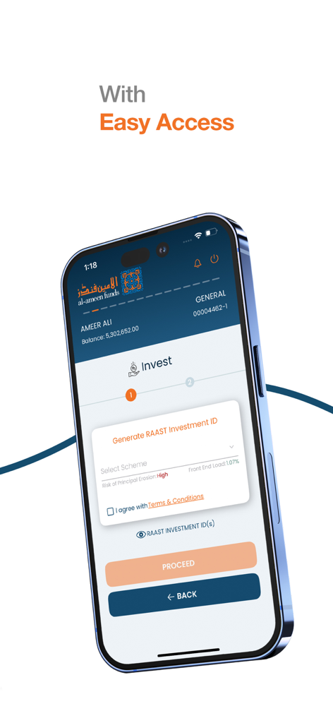 Al Ameen Funds mobile app interface showing the process to generate a RAAST Investment ID for seamless transactions.