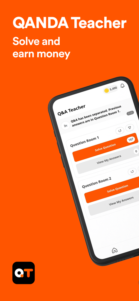 Qanda Teacher : Solve and earn - Smartphone displaying the QANDA Teacher app interface with options to solve math and science questions and earn money.