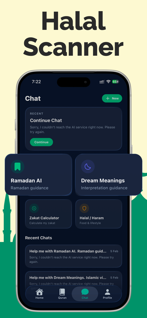Deen AI app screen showing Halal scanner and Zakat calculator features