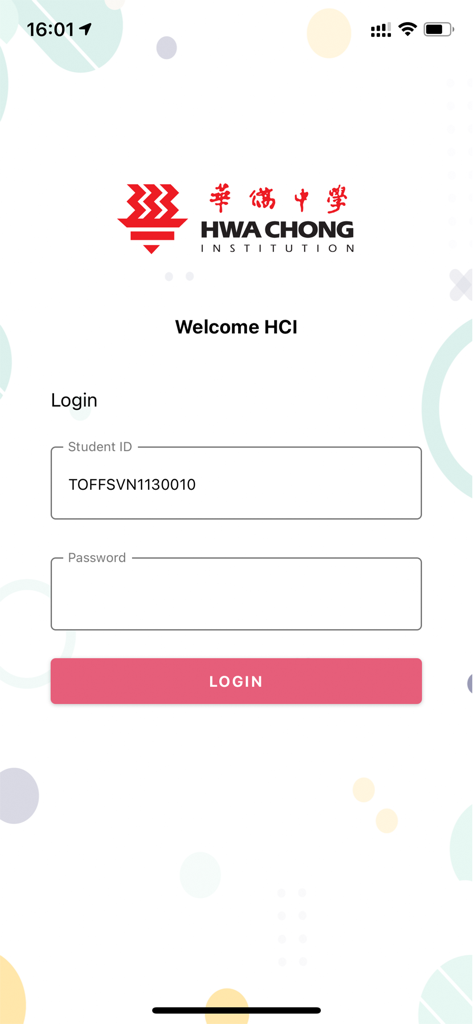 APMOPS & HCIC - Login screen of the APMOPS and Hwa Chong Institution app featuring student ID and password fields