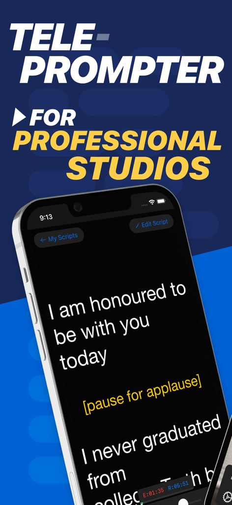 Teleprompter Pro - Teleprompter Pro app displaying a speech script on an iPhone for professional studios