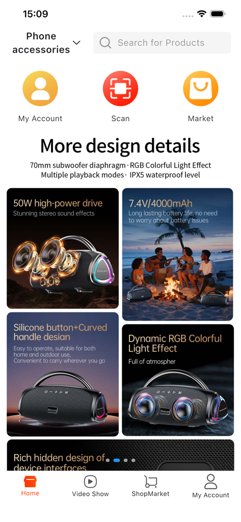 HappySell - Interfaz de la aplicación móvil HappySell que muestra las especificaciones de productos mayoristas para un altavoz portátil.