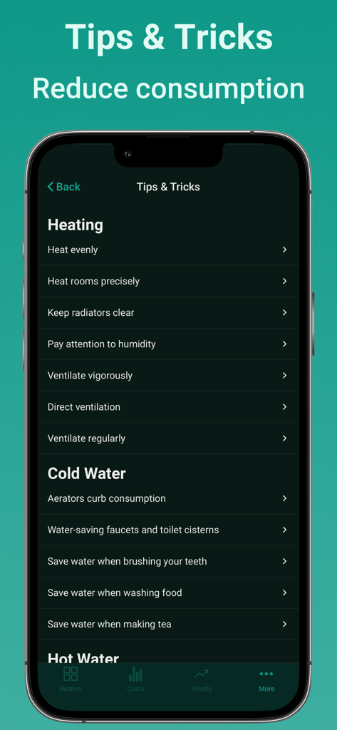 Energy Tracker Stromverbrauch - Eine Liste von Tipps und Tricks zum Energiesparen und Wassersparen in der Benutzeroberfläche der Meterable App