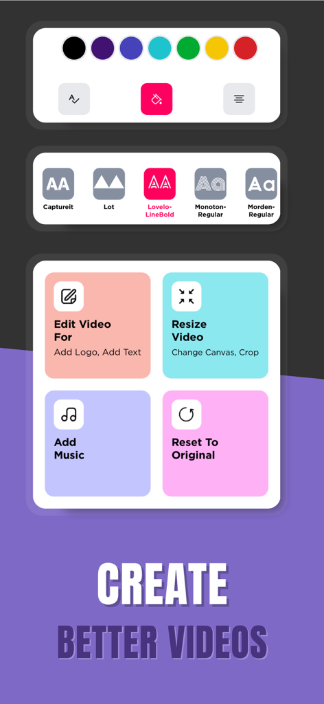 A menu display showing video editing features like color selection font styles and video resizing for a teleprompter app