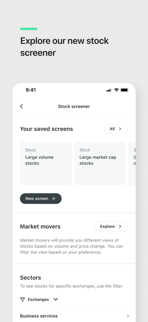 J.P. Morgan Private Bank mobile app interface showcasing the stock screener feature with saved screens and market movers