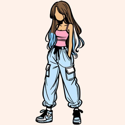girl in baggy pants crop top and long hair