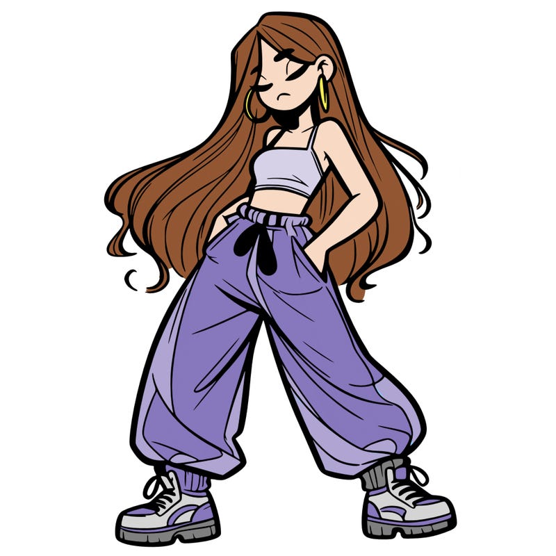 girl in baggy pants crop top and long hair