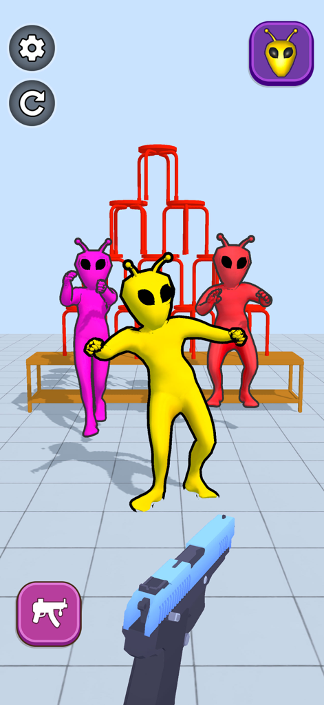 Annoying Ragdoll Shooter Game - A first-person view of a blue pistol aiming at colorful alien ragdoll characters in a physics-based shooting game