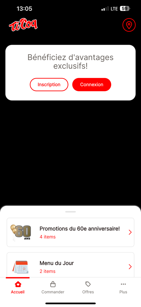Home screen of Les Rotisseries Ti-Coq mobile app showing 60th anniversary promotions and menu of the day