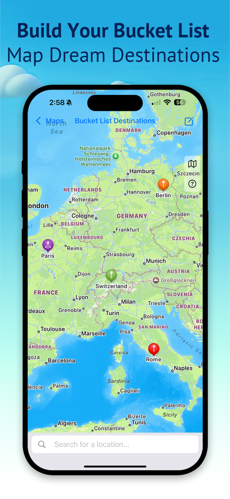 My Travel Map: Trip Tracker - Eine Karte von Europa mit bunten Pins, die Bucket-List-Reiseziele in der Meine Reisekarte-App darstellen.