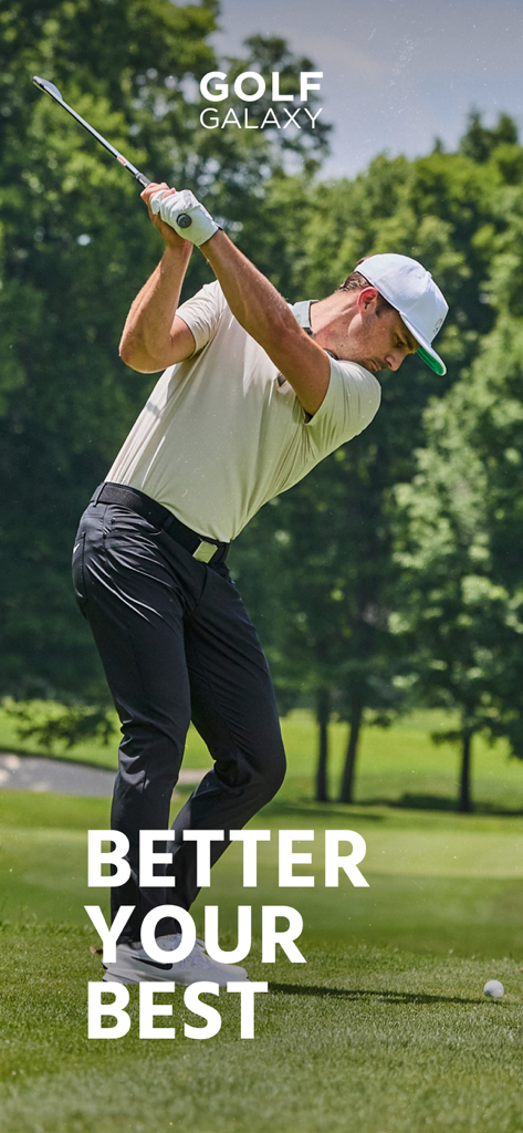 A male golfer finishing his swing on a green course with the slogan Better Your Best