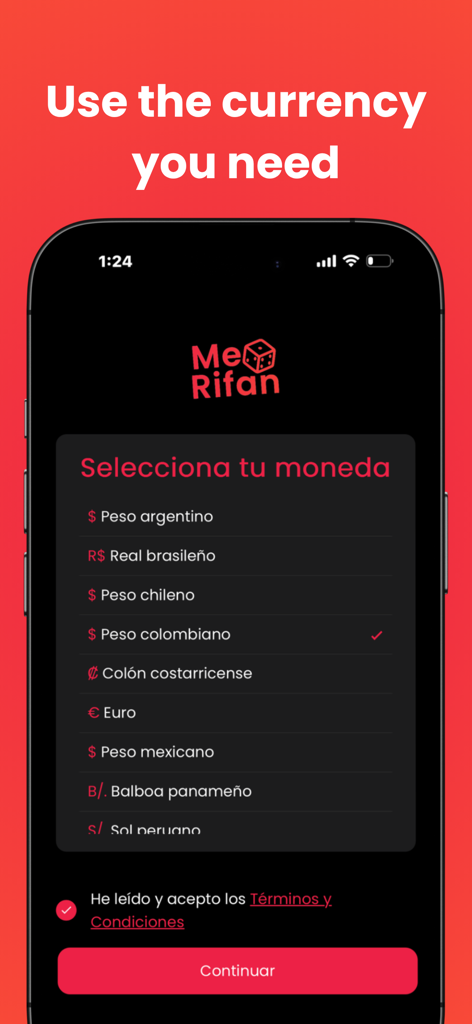 Me Rifan - Pantalla de la aplicación móvil Me Rifan que muestra una lista de monedas para elegir para la gestión de rifas