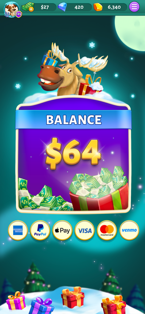 Solitaire Cash - Écran de l'application Solitaire Cash montrant un solde de gains de soixante-quatre dollars et des icônes de paiement sécurisé incluant PayPal et Apple Pay