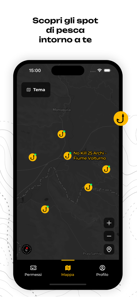 SpotFish - Fishing Spots - SpotFish app interactive map interface showing fishing spots with yellow hook icons