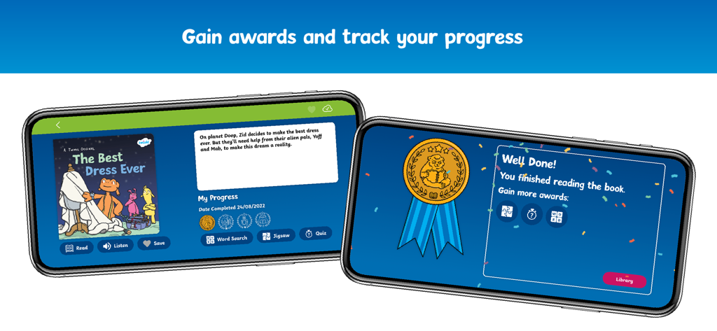 Twinkl Originals - Twinkl Originals app interface showing children's reading progress and award achievements on mobile devices