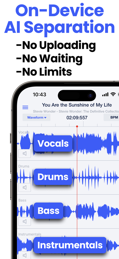 Speed Changer | Transcribe+ - Speed Changer Transcribe+ app showing AI stem separation for vocals drums and bass