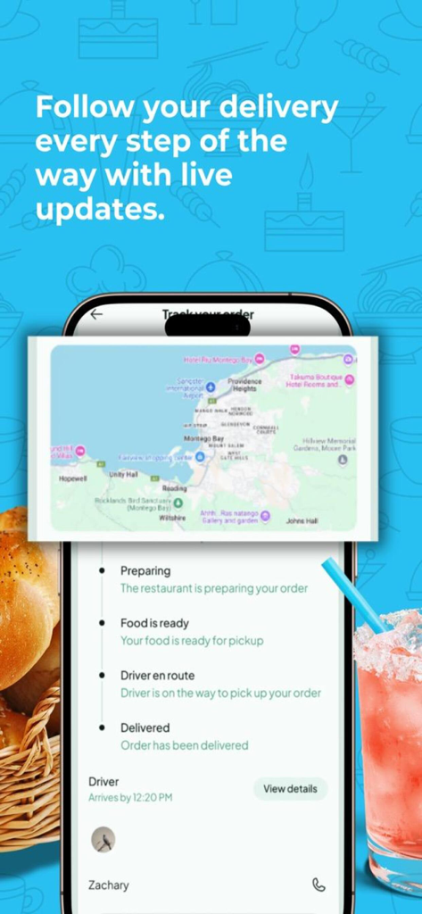 A smartphone screen from the Island Run Delivery app showing real-time order tracking with a map of Montego Bay and status updates for a food delivery.