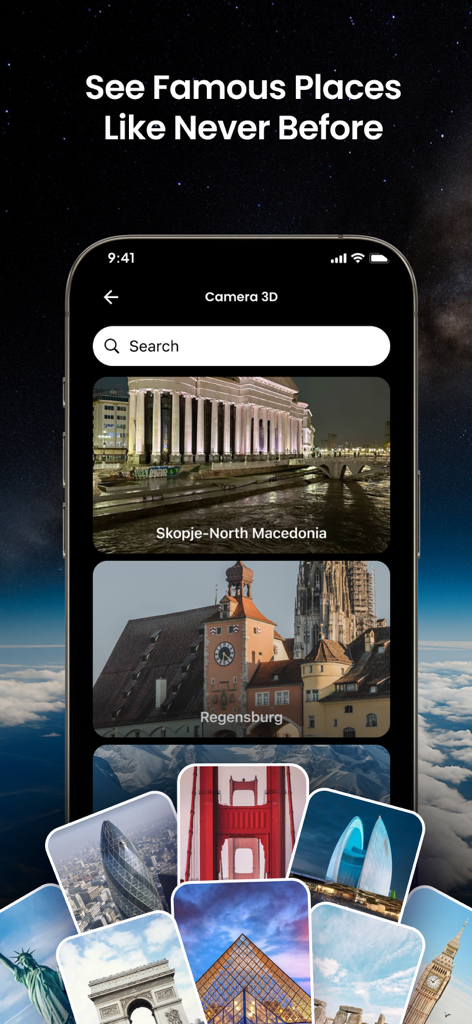 Mappa App-Bildschirm, der die virtuelle Erkundung berühmter Weltwahrzeichen mit 3D-Kameransichten zeigt.