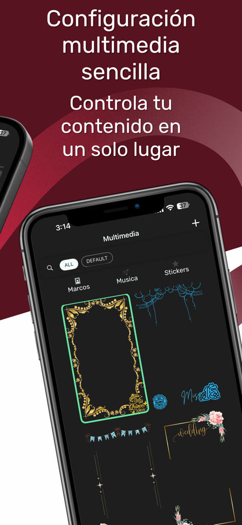 Interface of the Rec 360 app showing options for multimedia customization with frames and stickers for event videos.