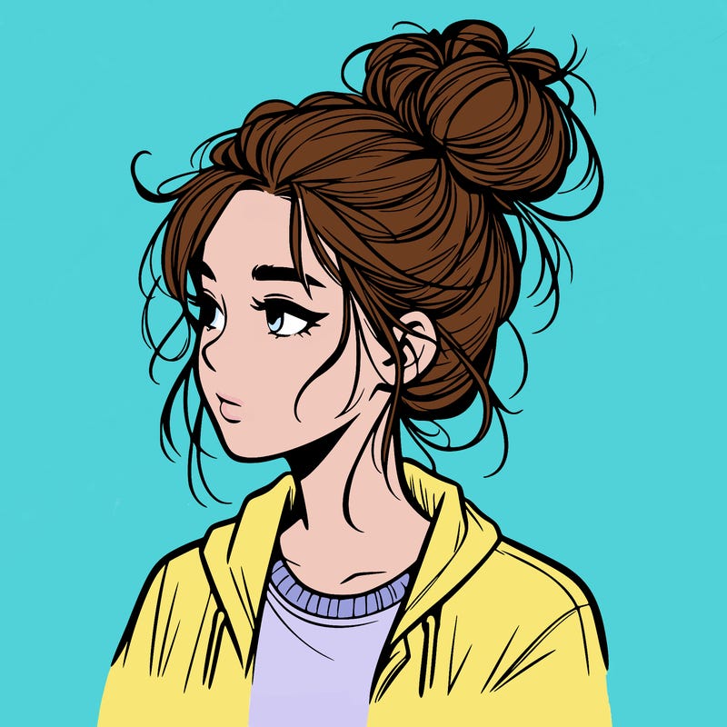 realistic teenage girl with a messy bun