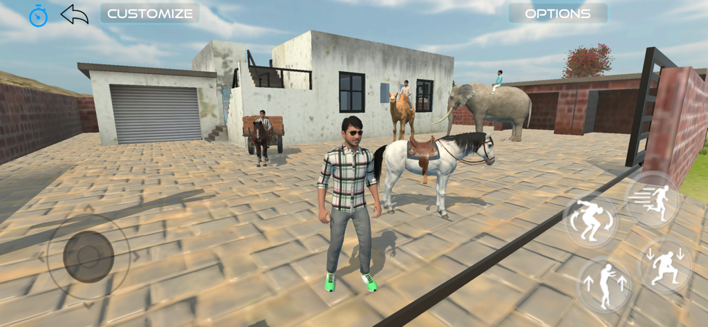 Un personaje de pie en el patio de una aldea con un caballo, un camello y un elefante en Indian Vehicle Simulator 3D