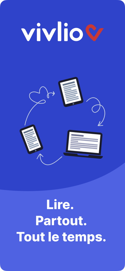 Vivlio - 기기 간 완벽한 디지털 독서 동기화를 보여주는 스마트폰, 태블릿, 노트북 그림 위에 Vivlio 앱 로고
