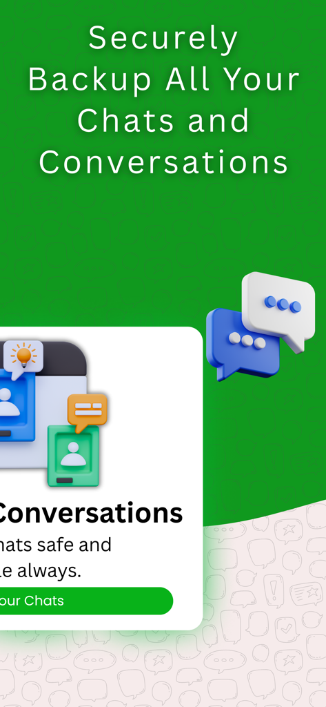 Pantalla de la aplicación BackUp Chat que muestra chats seguros y funciones de copia de seguridad de conversaciones.
