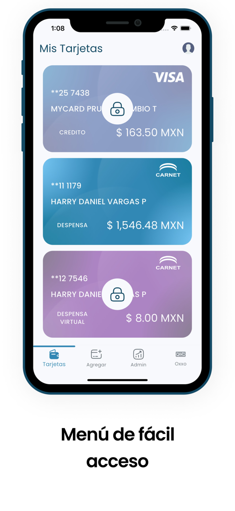 OneCard OCSI - Interfaz de la aplicación OneCard OCSI mostrando varias tarjetas de beneficios corporativos y sus saldos.