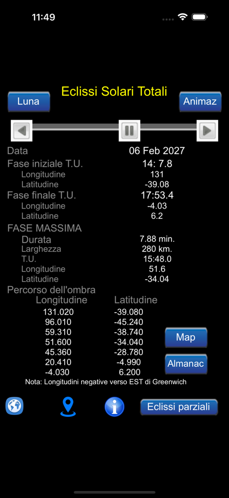 Total Solar Eclipses - Technical data screen showing total solar eclipse phase times and geographical path coordinates.