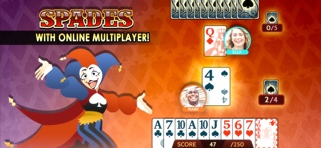 Spades Royale: Online + Single - Spades Royale online multiplayer card game interface showing player avatars and hand of cards