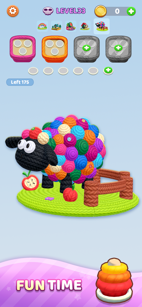 Yarn Fever Unravel Puzzleゲームの毛糸玉で作られたカラフルな羊のキャラクター