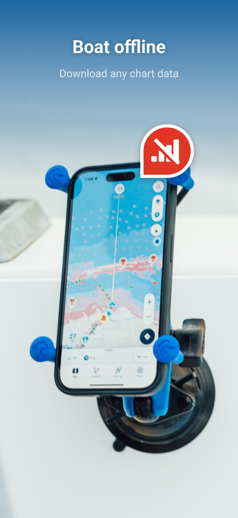 iPhone mounted on a boat displaying Wavve Boating app with offline nautical charts