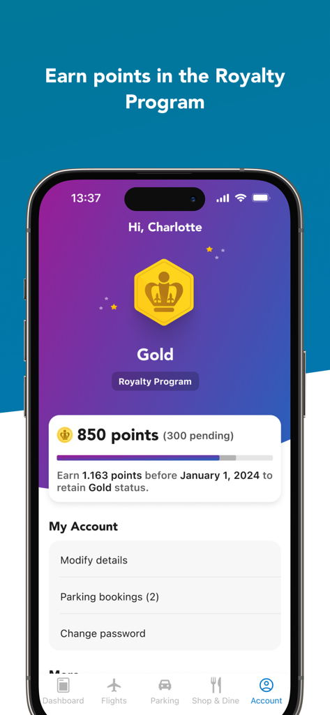 CLT Airport - Página de cuenta de la aplicación del Aeropuerto de Charlotte que muestra puntos de recompensa y estado de fidelidad