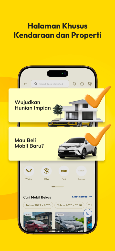 Toco - Sell and Buy - Toco app screen showing the marketplace section for vehicles and properties