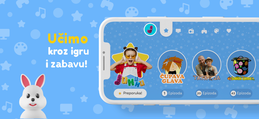 Juhuhu mobile app interface showing Croatian educational programs and children's content.
