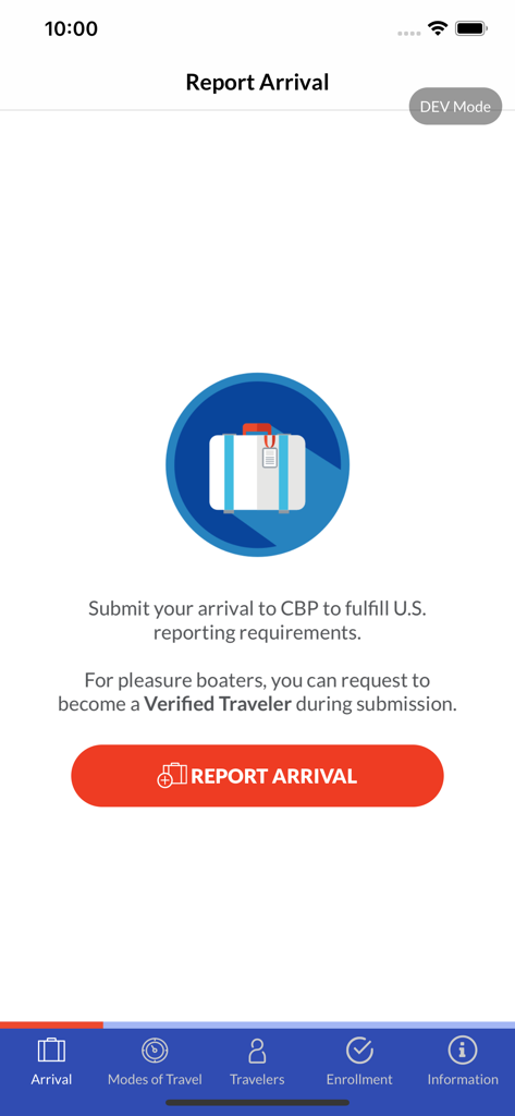CBP ROAM - CBP ROAM app screen showing report arrival button and navigation menu