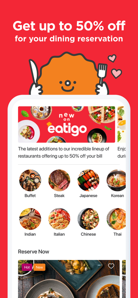 Eatigo app screen showing 50 percent discounts on dining reservations with various food categories