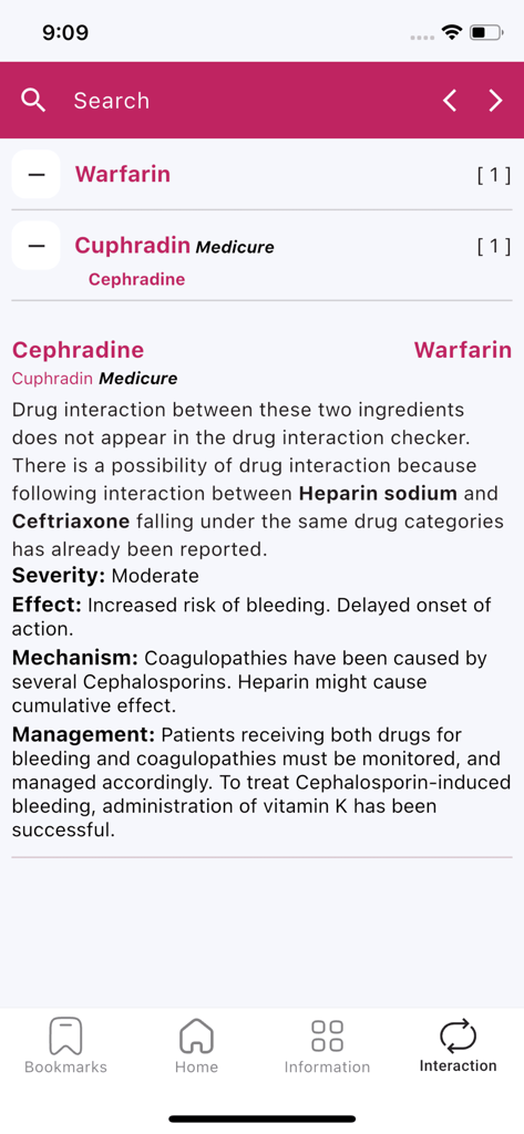PharmaGuide - PharmaGuide clinical app interface showing a drug interaction analysis between Cephradine and Warfarin including severity and management.