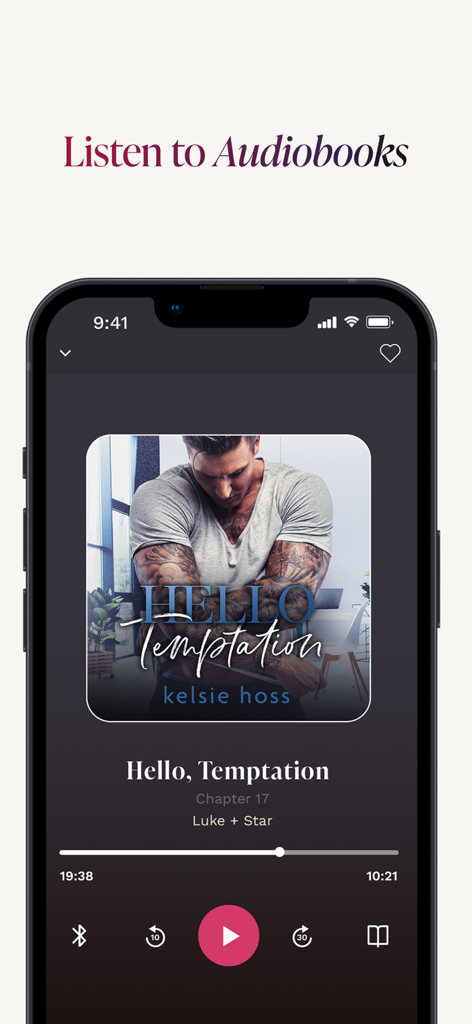 Audiobook player interface in the Bloom Stories app featuring the book Hello Temptation