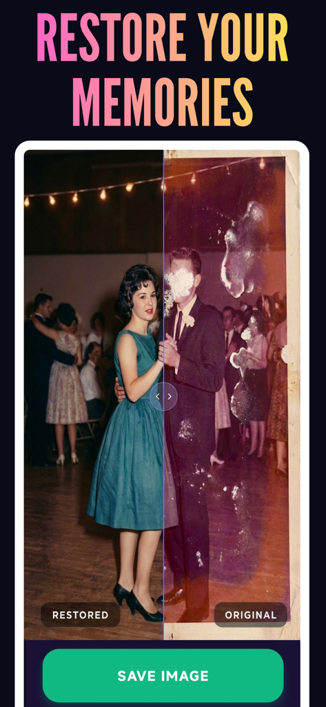 Revive AI: Restore Old Photos - Before and after comparison of a restored vintage photo showing a dancing couple using AI