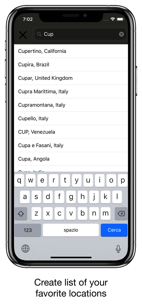 ニューヨークの現在の時刻アプリで、グローバルな場所を検索して追加するための検索画面。