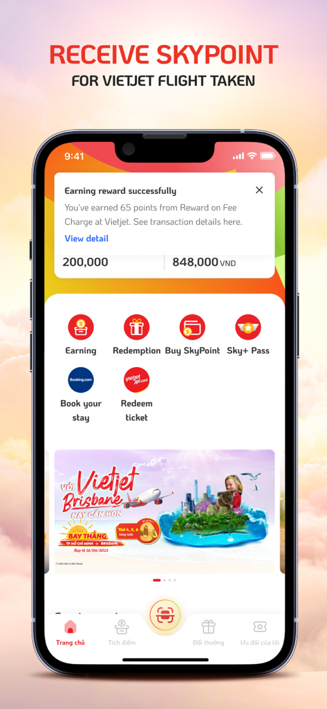 SkyJoy - SkyJoy app interface displaying earned loyalty points and various reward redemption options for travelers