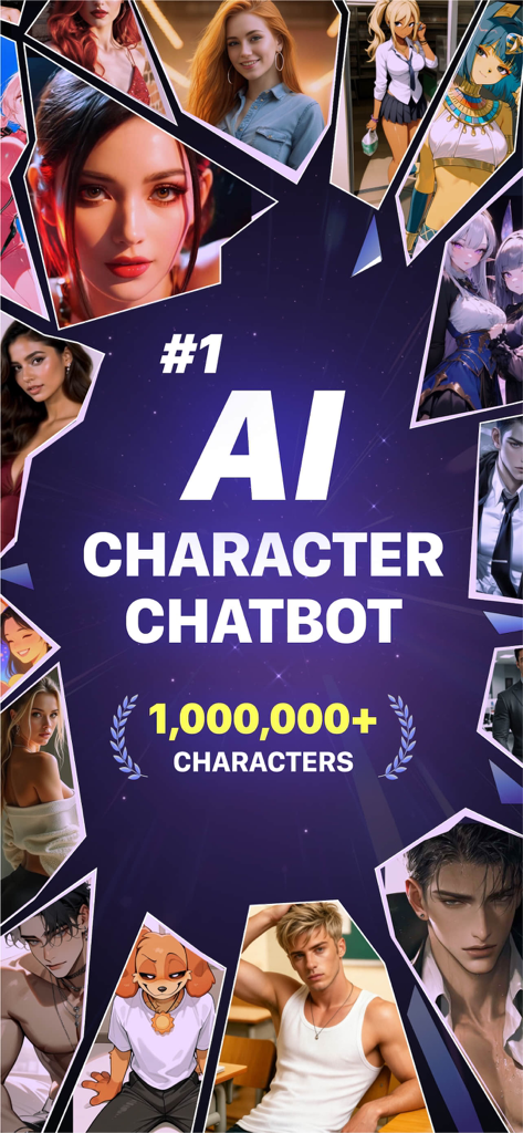 Flipped:Chat with AI Character - Promotional graphic for Flipped AI character chatbot featuring a collage of diverse AI generated characters
