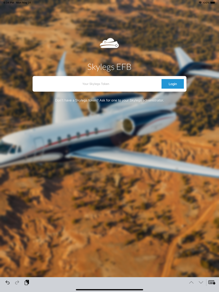 Login screen of the Skylegs EFB app for iPad featuring a token entry field and a private jet background