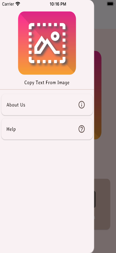 Menu des paramètres de l'application Copier du texte d'une image avec À propos et Aide