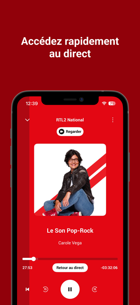 RTL2 - Le Son Pop-Rock - RTL2 mobile app interface showing the live radio player with a pop-rock show.
