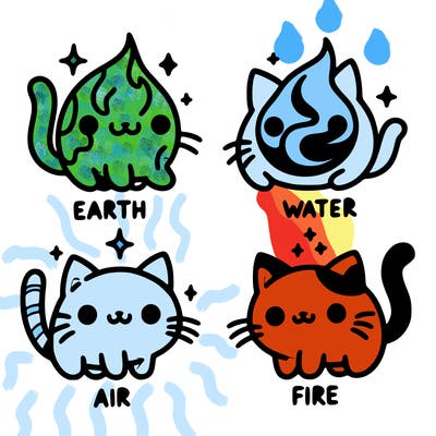 4 cats that represent the different elements, earth, water, air, and fire