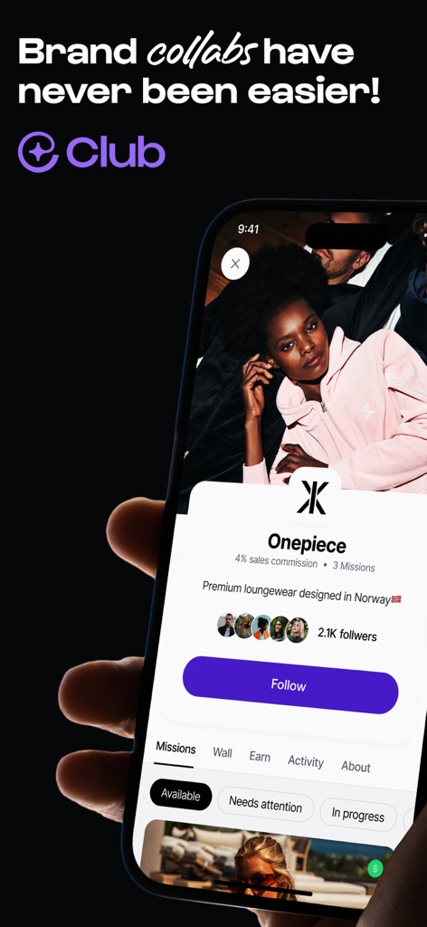 Mobile phone screen displaying the Club app interface with a brand profile for influencer collaborations and missions