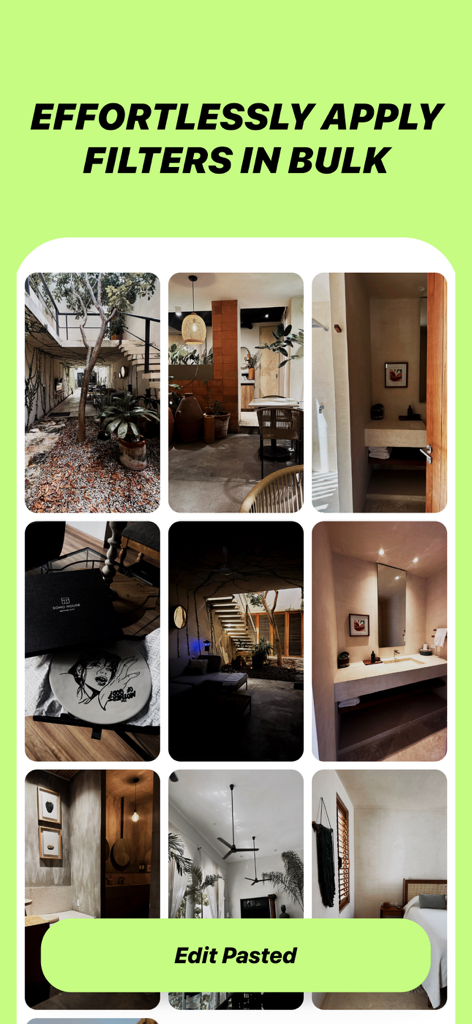A grid of interior and lifestyle photos showing the bulk filter application feature in the ISM app